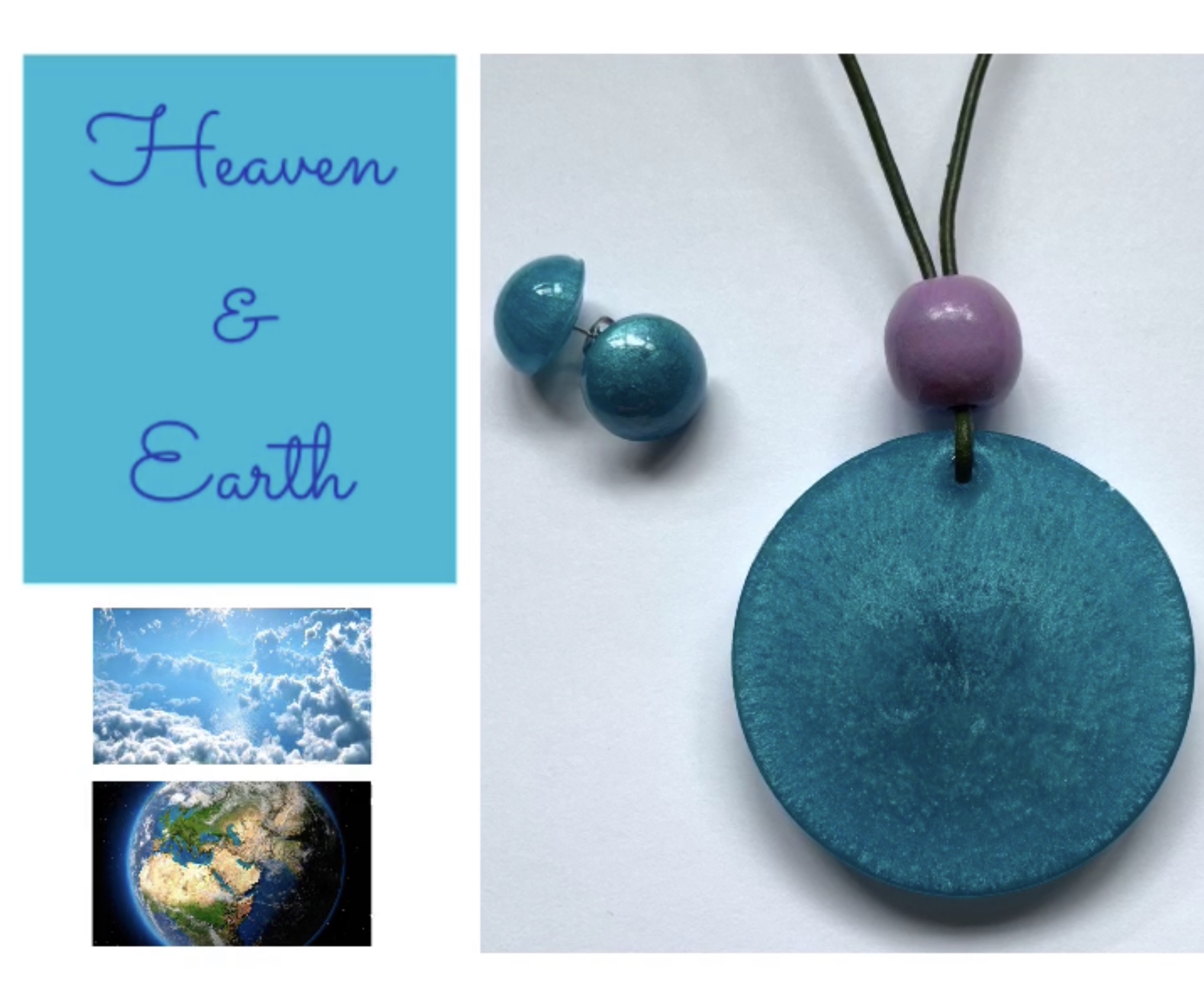 “Heaven & Earth” Summer Collection Long Leather Necklace Resin Pendant & Earrings